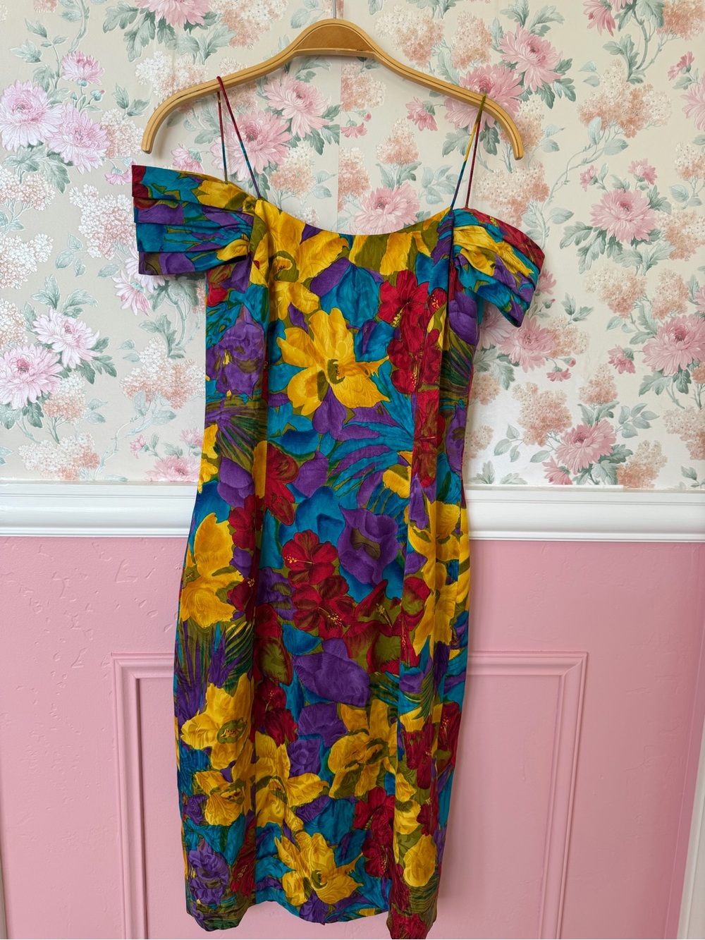 100% silkVibrant Floral Off-Shoulder Midi Dress - Yellow/Blue/Purple